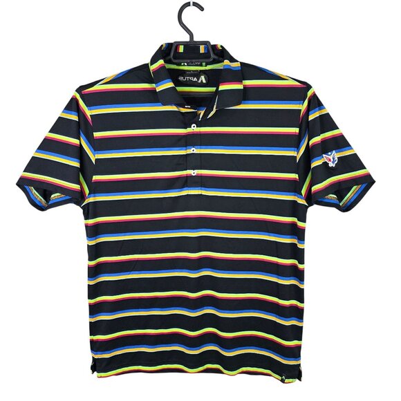 Mens Aptus Black Multicolor Striped Modern Fit Polo Shirt Short Sleeve Size L - Picture 1 of 9